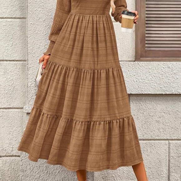 Women's Fall Dresses 2025 Puff Long Sleeve Square Neck Dress High Waist Smocked - Picture 6 of 9